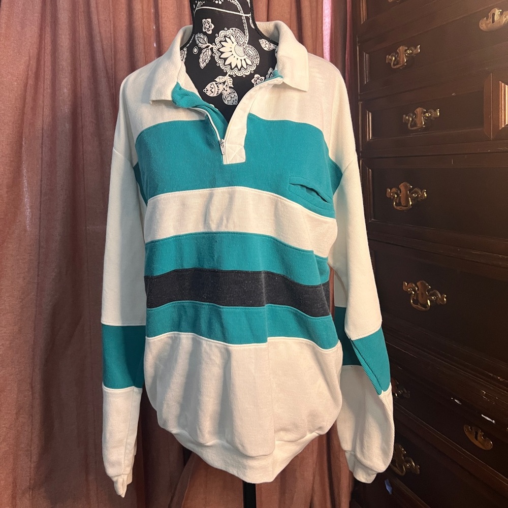 Vintage Sasoon Striped Teal and White Pullover
